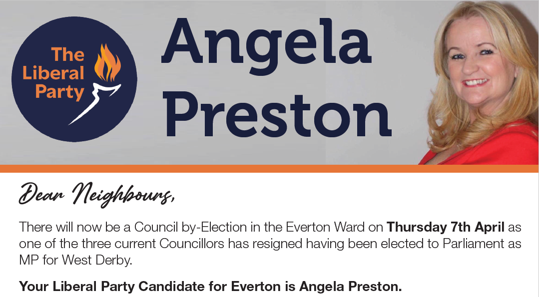 Angela Preston will be standing for the Liberal Party at the Everton Ward By-Election in Liverpool on the 7th April 2022.